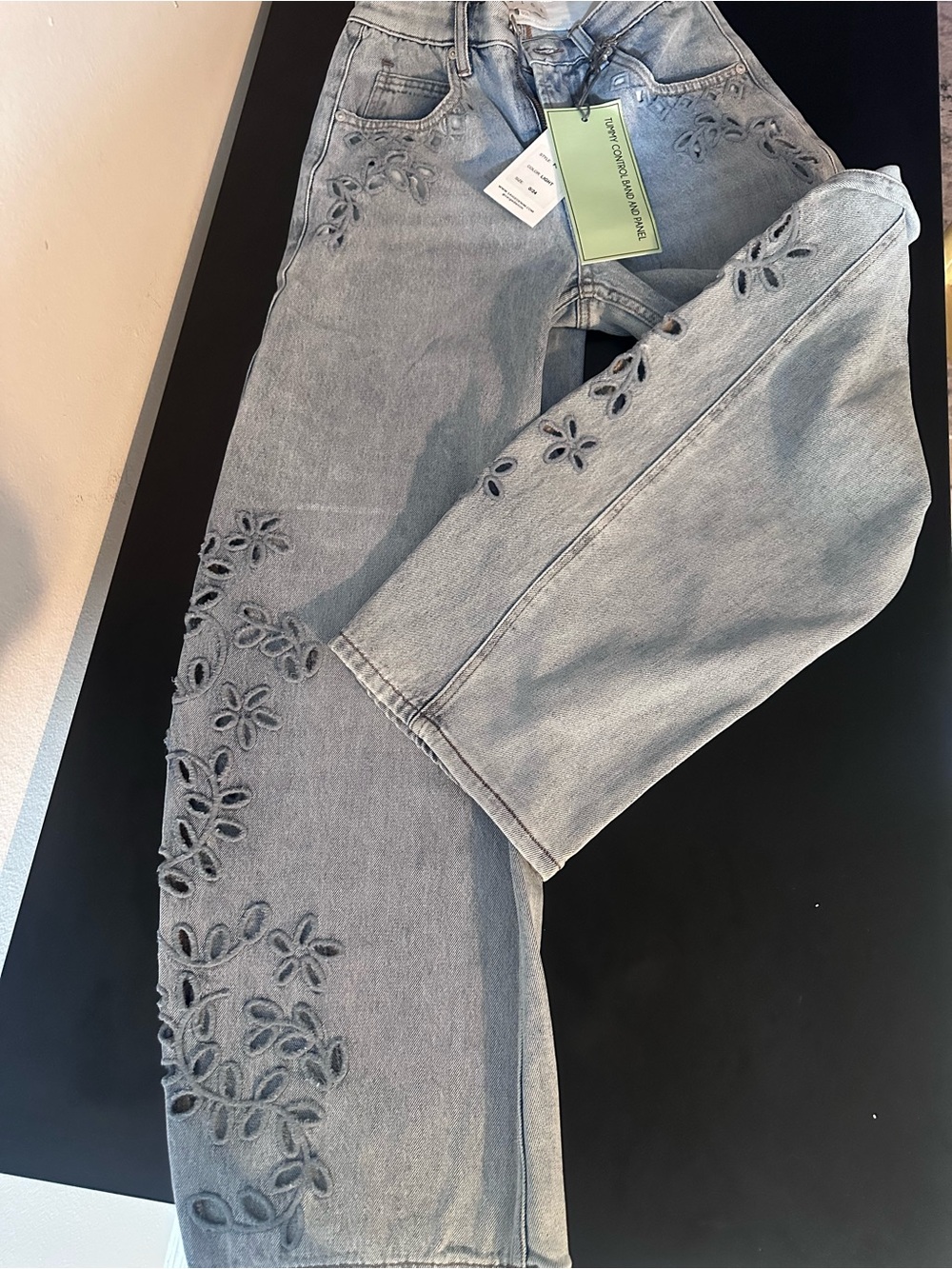 SAIGE Light blue Floral Cutout with embroidery barrel style Jeans.  New for fall